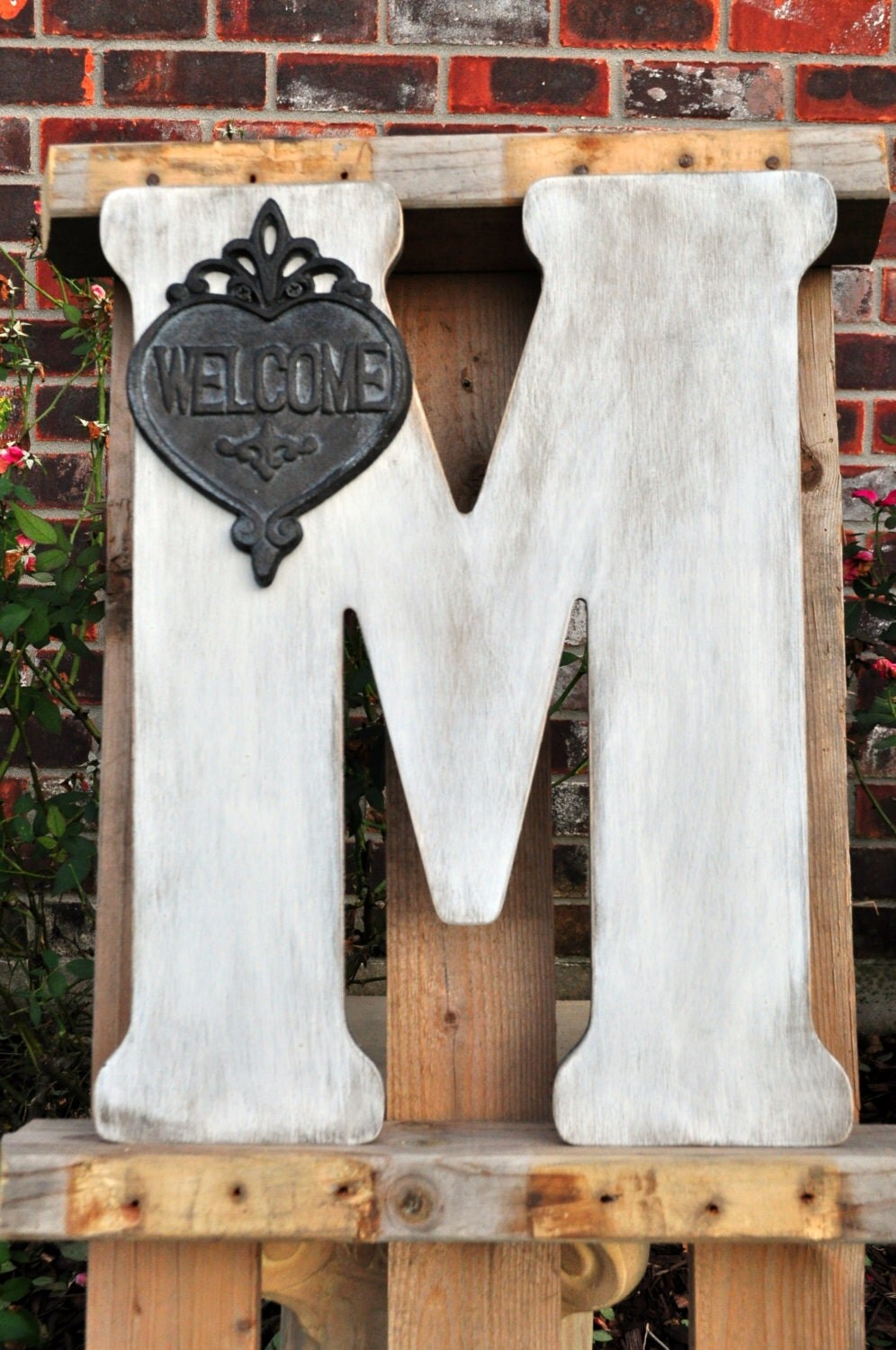 large wooden letters letter M distressed whitewashed with