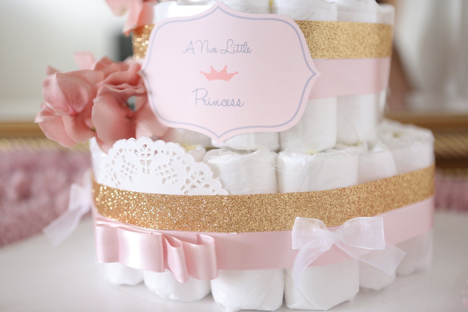 Baby Girl Princess Tiara Diaper Cake / Gold & Pink by AngAngBabyUS