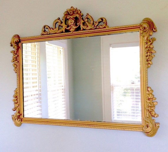 Large Ornate Gold Antique Mirror Rectangular Shape Circa