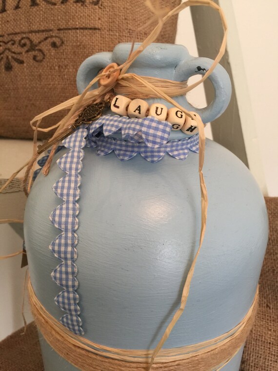 Painted Glass Demijohn Jar - Blue and White Home Decor / Laugh Bead Words / Rustic Wedding Table Centrepiece / Farmhouse Country Style Vase