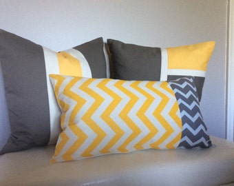 Set of 3 Color Block Pillow Covers Yellow/Gray/White