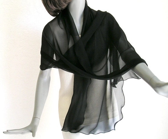 Black Sheer Wrap Chiffon Silk Shawl Solid Black By Artinsilk 7804