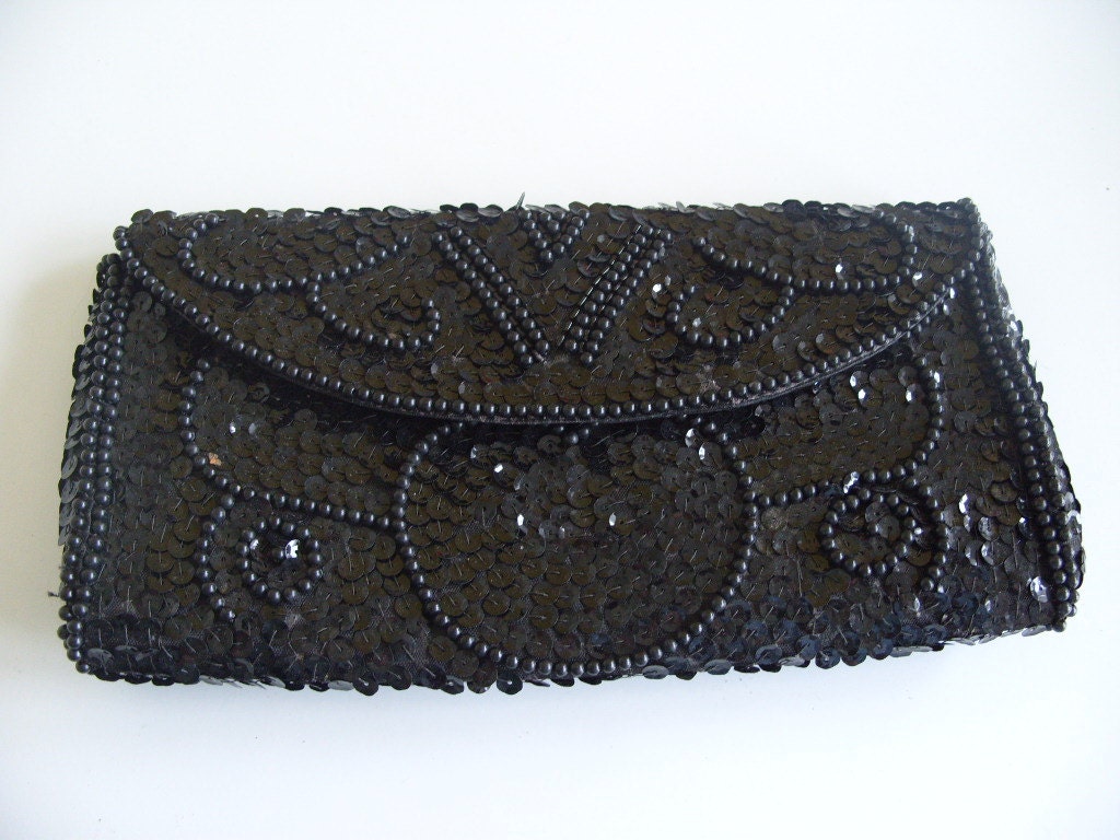 Vintage Black Sequin Clutch Purse Handbag Made in Japan