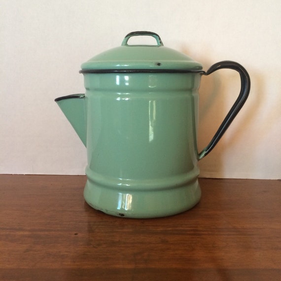 Vintage Mint Green Enamelware Tea KettleTea Pot by gibsgoods