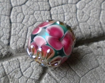 PINK on TURQUOISE Encased Floral Focal Lampwork Beads by Cherie Sra R114 Encased Floral Flameworked Bead