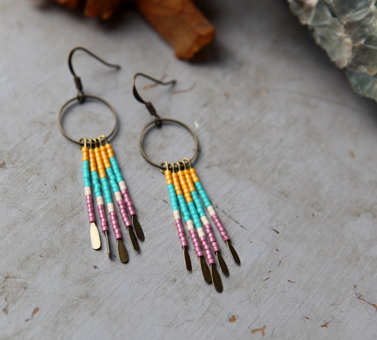 Beaded Hoop Fringe Earrings Mustard Teal and dark by Papavier