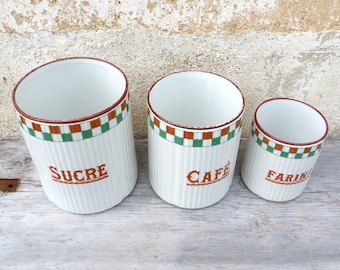 Vintage Antique 1900/1930 old French ceramic canisters / ceramic pots / Set of 3/Sugar/coffee/Flour