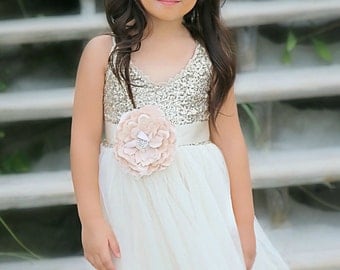 Gold Ivory Tulle Flower Girl Dress Headband set, Gold sequin dress, Gold Ivory Wedding, Gold glitter dress, Ivory tutu dress