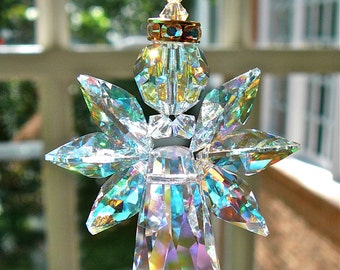 Crystal Guardian Angel Hanger Suncatcher In Aurora Borealis Angel Car Charm Angel Ornament, Gold Trimmed "ANGELINA AB" Glistens in all Light