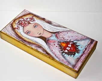 Sacred Love - Giclee print mounted on Wood (5 x 10 inches) Folk Art by FLOR LARIOS
