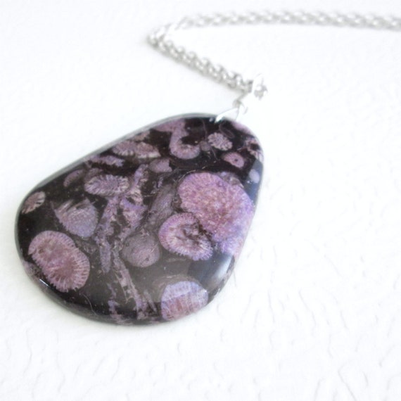 Purple Coral Fossil Pendant, Black Stone Necklace, Geek Jewelry ...