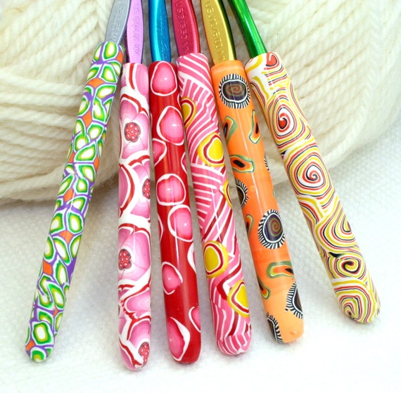Polymer clay crochet hooks set of 6 Handmade size F5 through