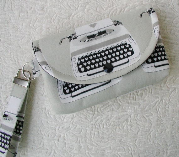 Large Snap Wristlet... Black and White Typewriter..Cotton + Steel