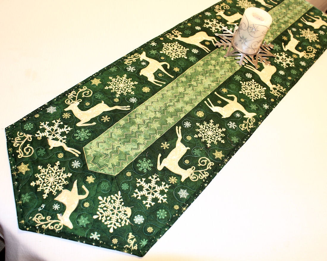 Long Christmas Quilted Table Runner Reindeer And Snowflakes 4178