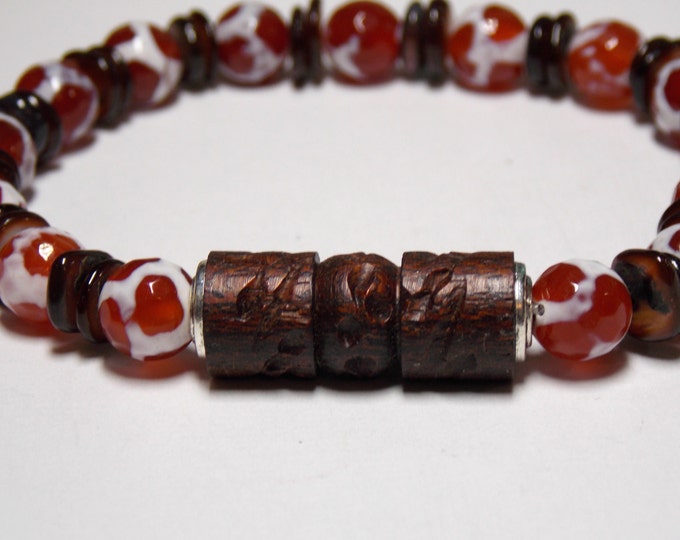 Mens Bracelet Semiprecious Gemstone Bracelet Tibetan Agate Shell Wood Bracelet Natural Elements Prayer Bracelet Mens Fashion