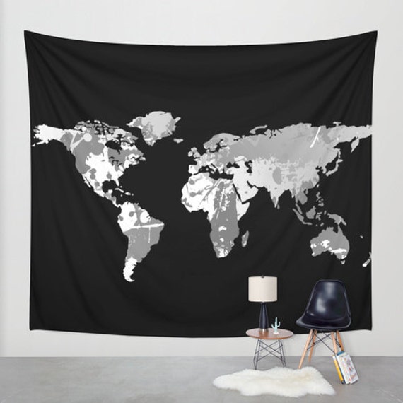 Dark Monochromatic World Map Wall Tapestry Wall Hanging