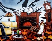 Original Art Print, by k Madison Moore, Clocks on Fireplace, Pile of Books, ReadingBooks, Big Tall Clock, Drinking Red Wine, Yellow Sofaor Original Art Print, by k Madison Moore, Clocks on Fireplace, Pile of Books, ReadingBooks, Big Tall Clock, Drinking Red Wine, Yellow Sofaor