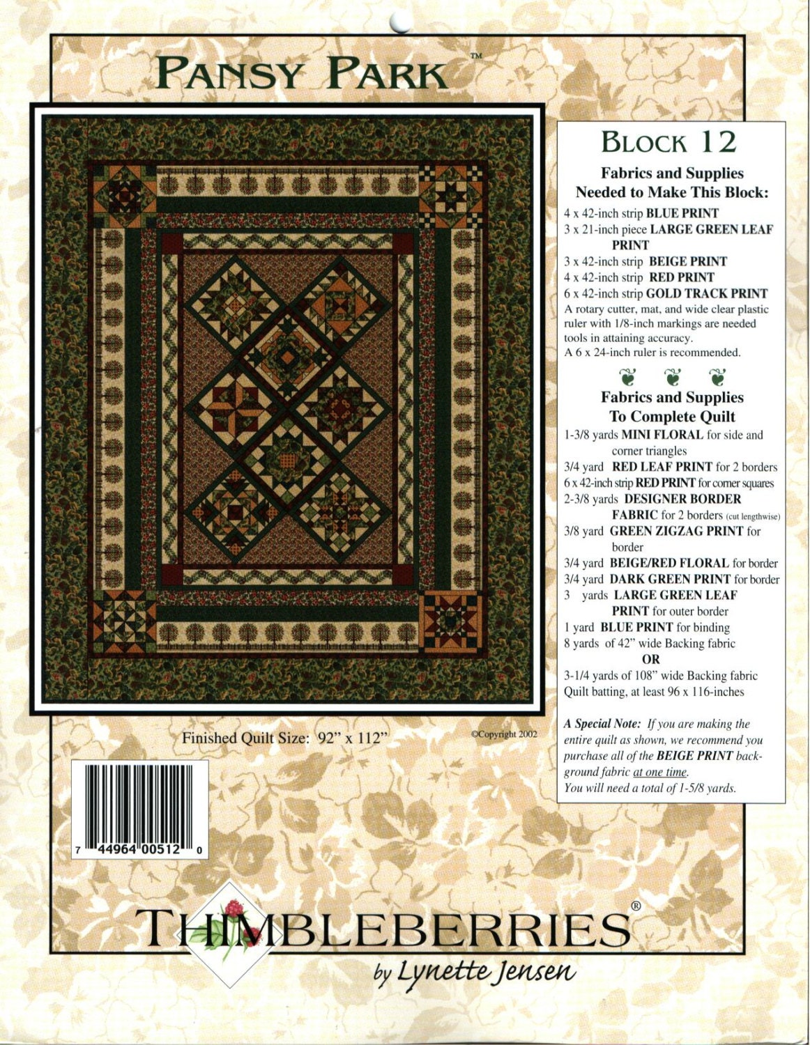 Pansy Park Quilt Pattern OOP HTF Thimbleberries by