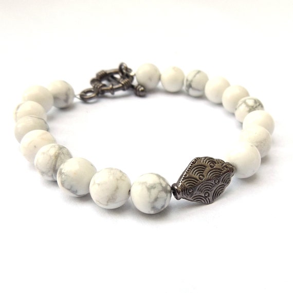 White Howlite Bracelet with Gunmetal Charm for a Small-Medium Wrist