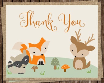 Forest Animals, Thank You Cards, Baby Shower, Birthday, Owl, Fox, Bunny, Gender Neutral, 24 Folding Notes, FREE Shipping, WOFGN, Woodland