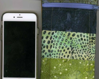 Cell Phone Bag - Quilted Cotton, Multi colored Batik, Short strap - Fits iphone