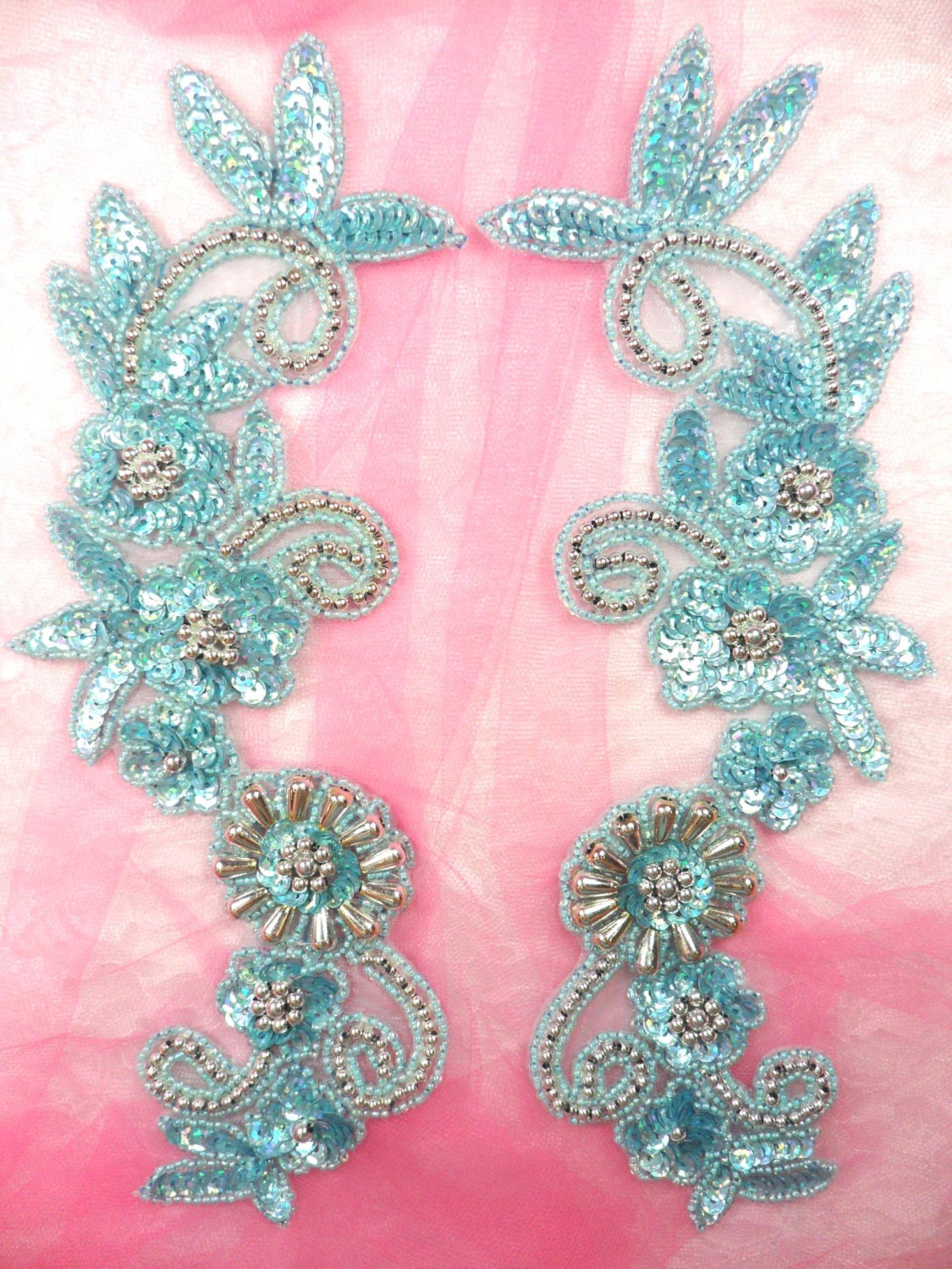 0183 Appliques Mirror Pair Sequin Beaded Misty Blue