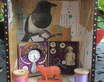 Funky frankenjunk art, found object shadow box, assemblage, collage
