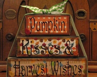 Fall Decor, Fall Sign - Pumpkin Kisses and Harvest Wishes, Word Blocks Sign