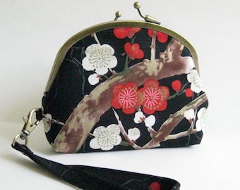 Double Frame Wristlet in Black with Red and White Cherry Blossoms