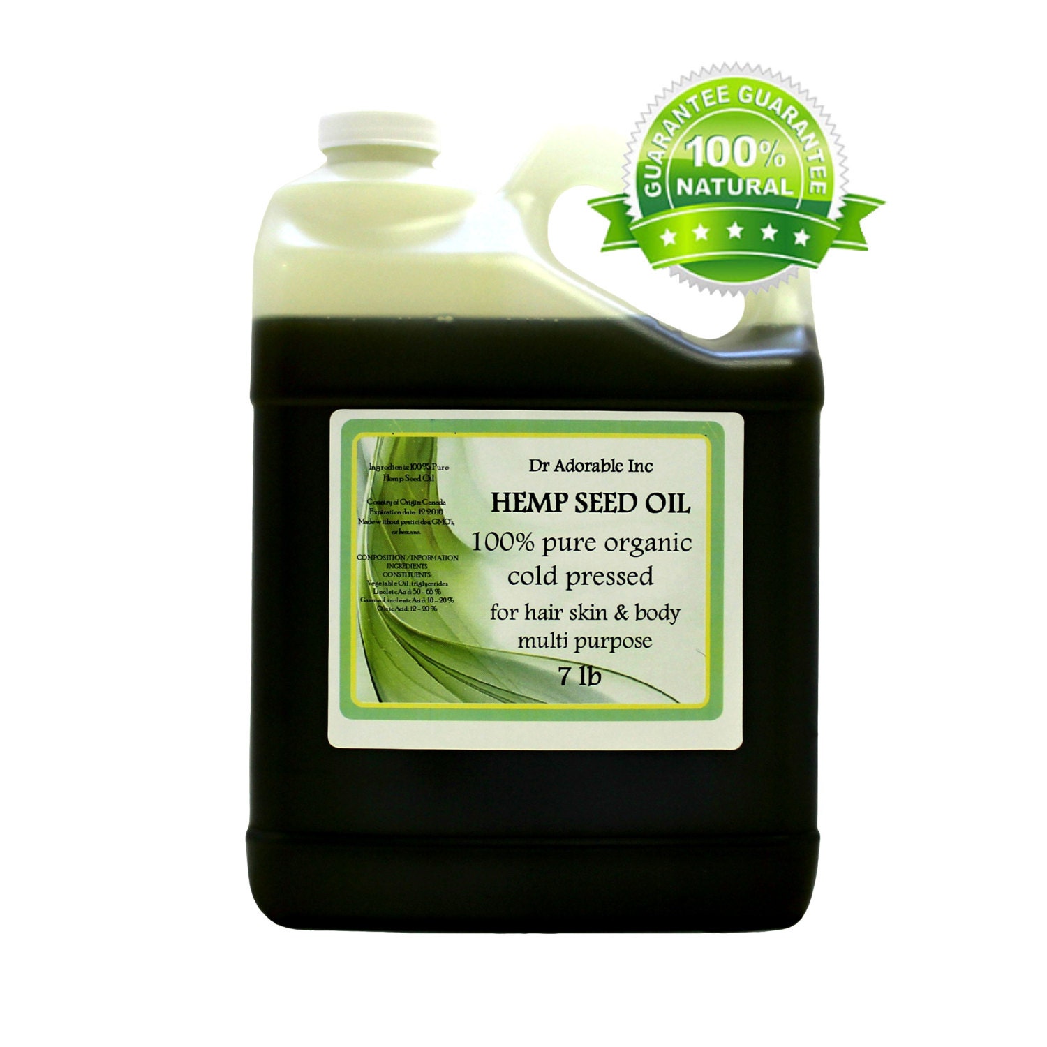 7 Lb Hemp Seed Oil Pure Organic Cold Pressed Gallon