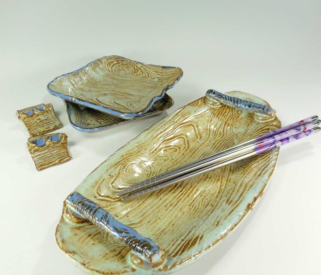 Ceramic sushi serving tray hand built pottery sushi set