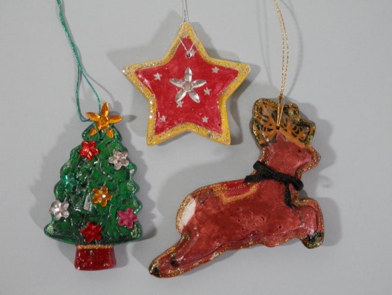 3 hand made two sided plaster holiday ornaments gift package 3 hand made two sided plaster holiday ornaments gift package