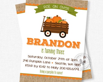 Pumpkin Birthday Invitation, Fall Birthday Invitation, Pumpkin Patch Birthday Invitation, Burlap Invitation, Fall Wagon Invites