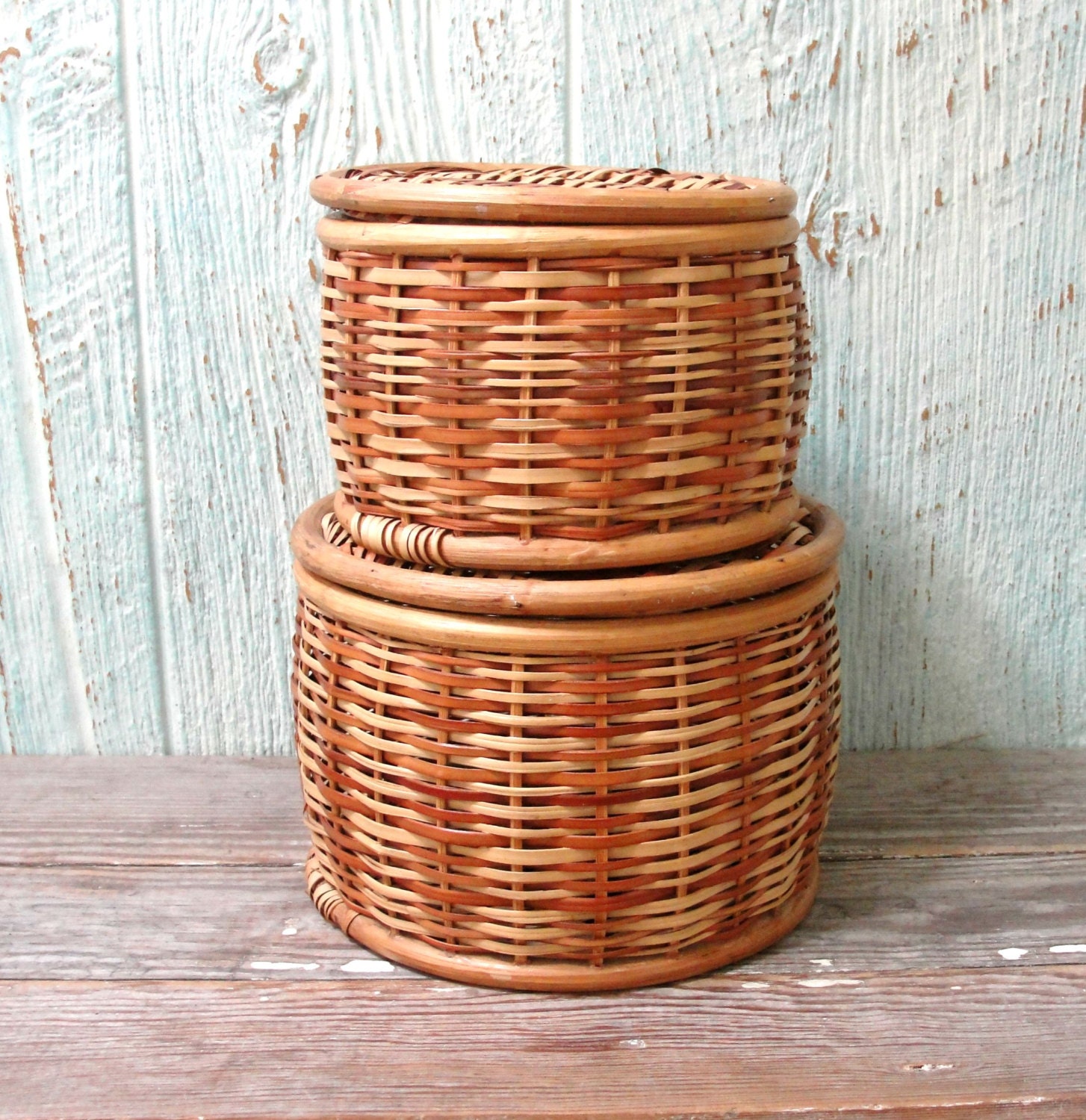Vintage Straw Nesting Baskets, Round Wicker Stacking Storage Baskets