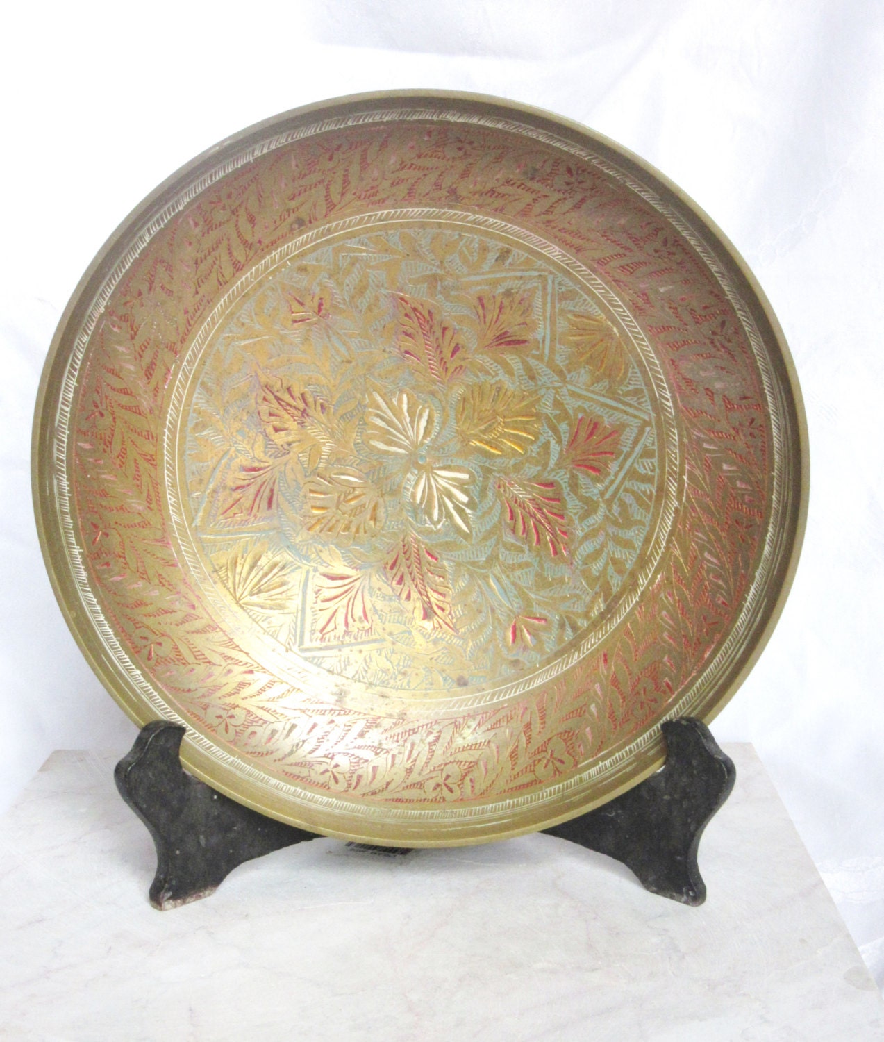 Large brass bowl vintage etched brass shallow brass bowl