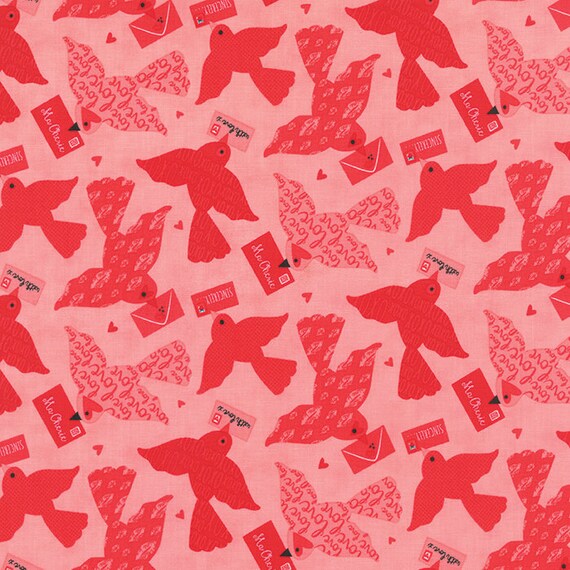 ON SALE Moda Kiss Kiss Fabric Valentine Fabric Pink Bird
