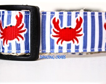 Red Crab Dog Collar, Adjustable Dog Collar, Ocean Dog Collar, Nautical Dog Collar, Preppy Collar, Stripe Dog Collar