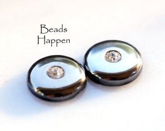 LAST ONES - 13mm Round VINTAGE Hematite Glass Cabochon Cabochons with Clear Rhinestone Crystal Inset Insert, Mirrored (D1-R5-C3) Quantity 2