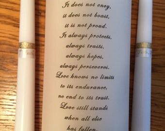 Wedding religious unity candle ceremony candle set first Corinthians pillar and tapers gold ribbon ivory candle