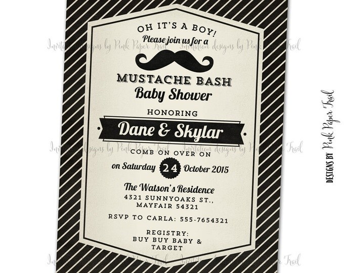 Mustache Bash Invitation, Birthday, Baby Shower, I will customize for you, Print Your Own