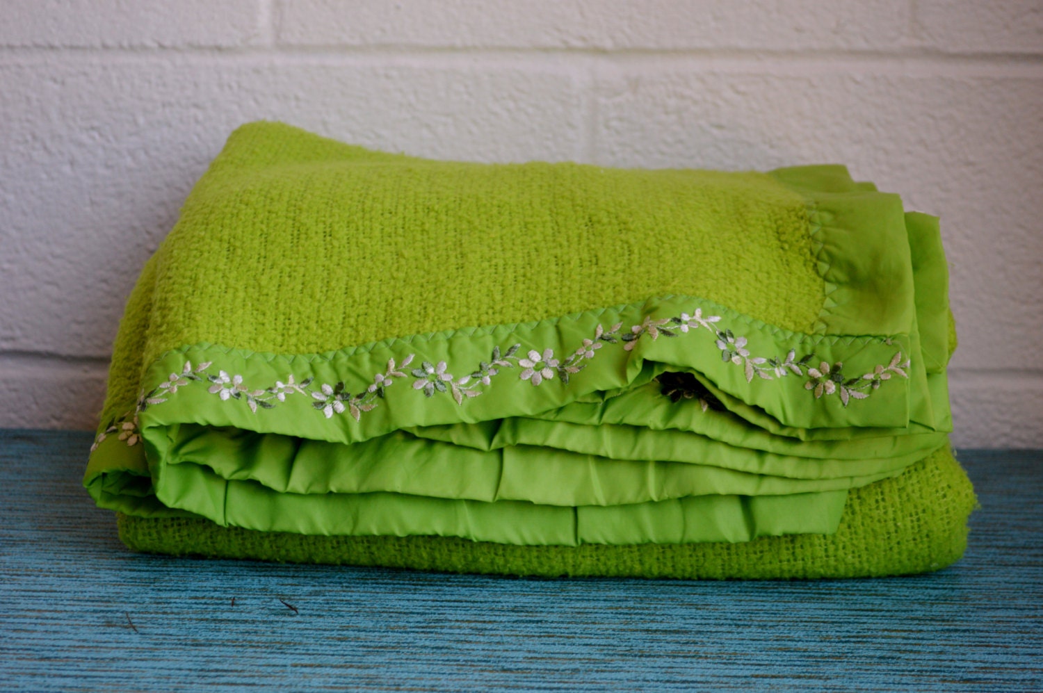 Lime Green Vintage Blanket 1970s Acrylic Blanket Floral