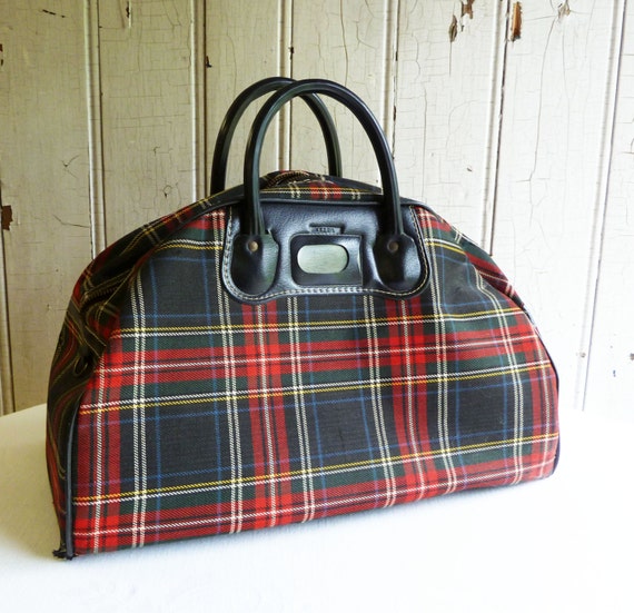 Vintage 1960s Red and Black Plaid Travel Bag by KitschyVintage