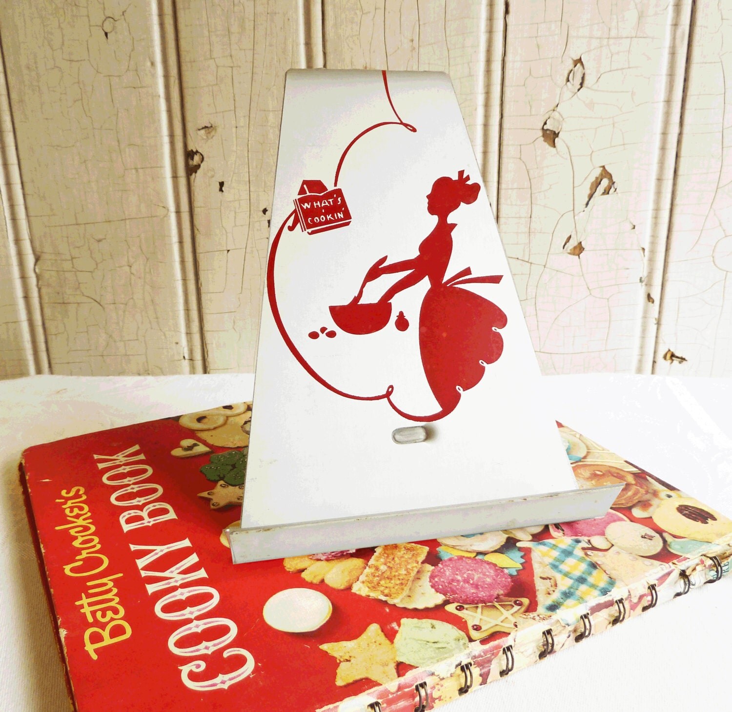 Vintage Metal Cookbook Holder with Red Trim 1960s Kitchen