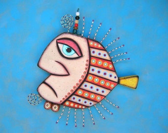 Gangster Fish IV, Original Found Object Sculpture, Wall Art, Wood Carving, Wall Decor, by Fig Jam Studio