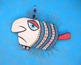 Gangster Fish, Original Found Object Sculpture, Wall Art, Wood Carving, Wall Decor, by Fig Jam Studio