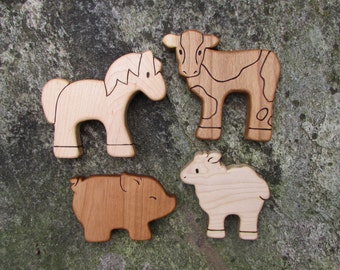 BARNYARD SET - 4 Wooden Toy Animals - Cow, Horse, Sheep, Pig - all natural teethers and Waldorf toddler toys