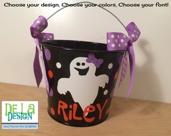 Personalized halloween bucket, 5 quart metal bucket, black with ghost, other colors and designs available, trick or treat bag, candy basket