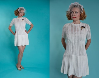 Vintage 1960s Mini Wedding Dress - Casual Mod White Knit - 1970s Bridal Fashions