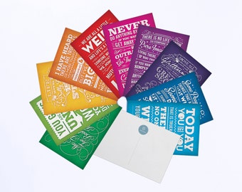 10 Quote Postcards - Roald Dahl, Dr Seuss, Willy Wonka, Douglas Adams, Ferris Bueller - Rainbow Postcard Pack - Typography by Chatty Nora