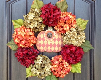 Hydrangea Wreath Fall Wreath Autumn Wreath Grapevine Door Wreath Red Green Orange Hydrangea Floral Door Decoration Indoor Outdoor Pumpkin